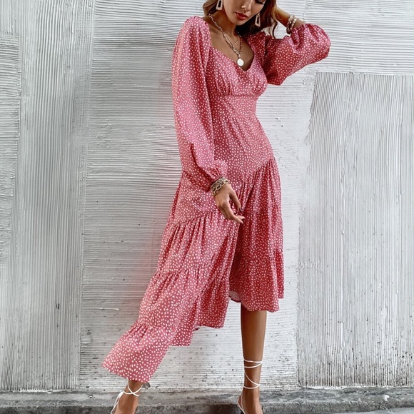 Boho Pink Polka Dot Sweetheart Neck Ruffle Dress - Picture 5 of 5